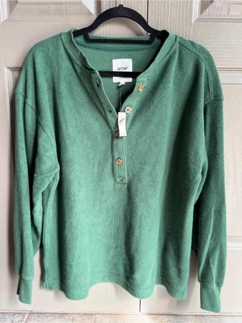 aerie Green Button-Front Fleece Pullover